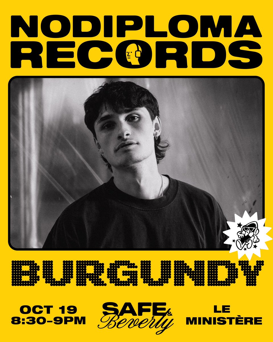 Safe&amp;Beverly - A live performance experience by No Diploma Records ⚠️ 

October 19th at <a href="/leministere_ca/">Le Ministere</a> 📍
Tickets 🎫: leministere.ca/evenements/saf…

Lineup:
8pm - 8:30 @teo2k__ 
8:30 - 9 Burgundy 
9 - 10 Jon Rivera
10 - 11 <a href="/MosezJones/">Mosez Jones</a>