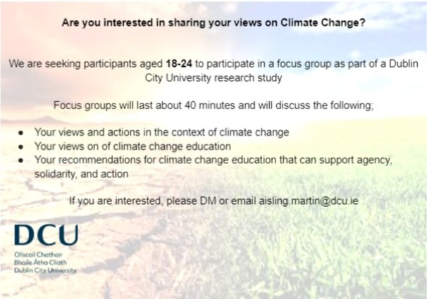 We are currently recruiting for our study and are looking for young people to take part and share their thoughts on climate change. If anyone here would like to take part or knows someone who would please get in touch! Please share if you can!