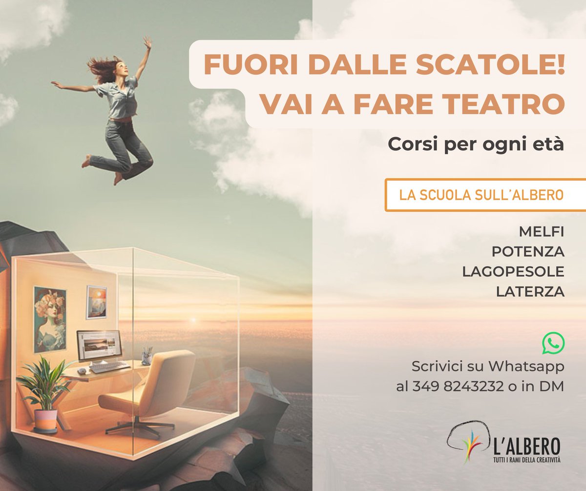 Riaprono le porte de La Scuola sull'Albero! Al via dal 7 ottobre a #Melfi, #Potenza, #Lagopesole e #Laterza i corsi di teatro per tutte le età: bambini, ragazzi, adulti.
👉 Iscrizioni aperte!
📱 WhatsApp 3498243232
📧 info@lalbero.org
FUORI DALLE SCATOLE, VAI A FARE TEATRO! 🎭✨