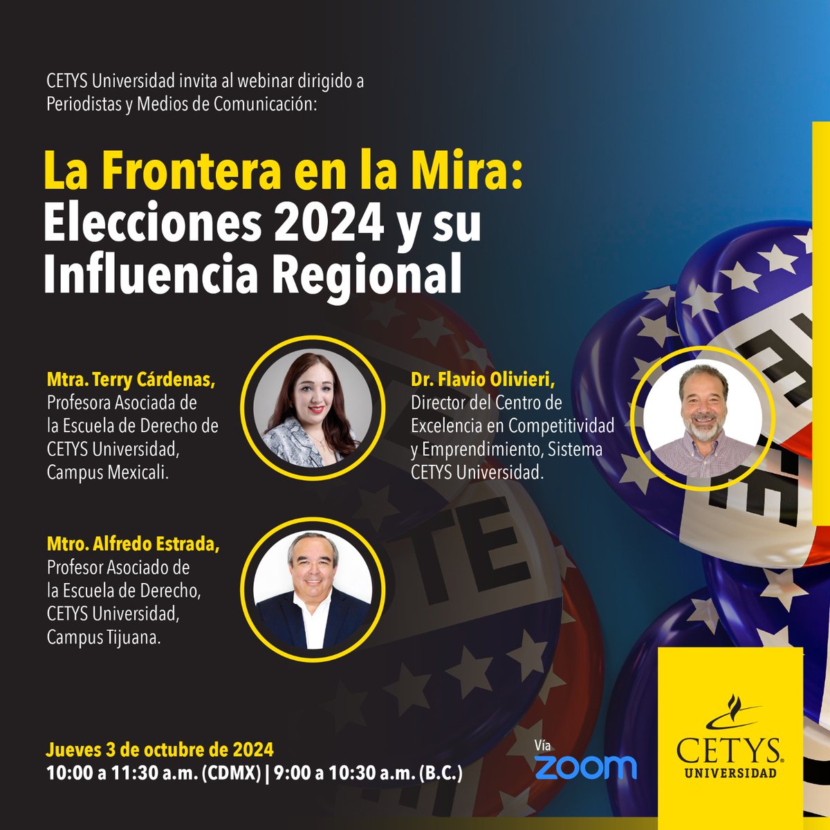 Cordialmente invitados todos los medios que busquen una prospectiva de las relaciones México-Estados Unidos antes las elecciones de noviembre... y otros interesados en el tema.
Un enfoque de los expertos desde la frontera norte. <a href="/Cetysuni/">CETYS Universidad</a>  Registro aquí: ow.ly/aC1m50Txv2a