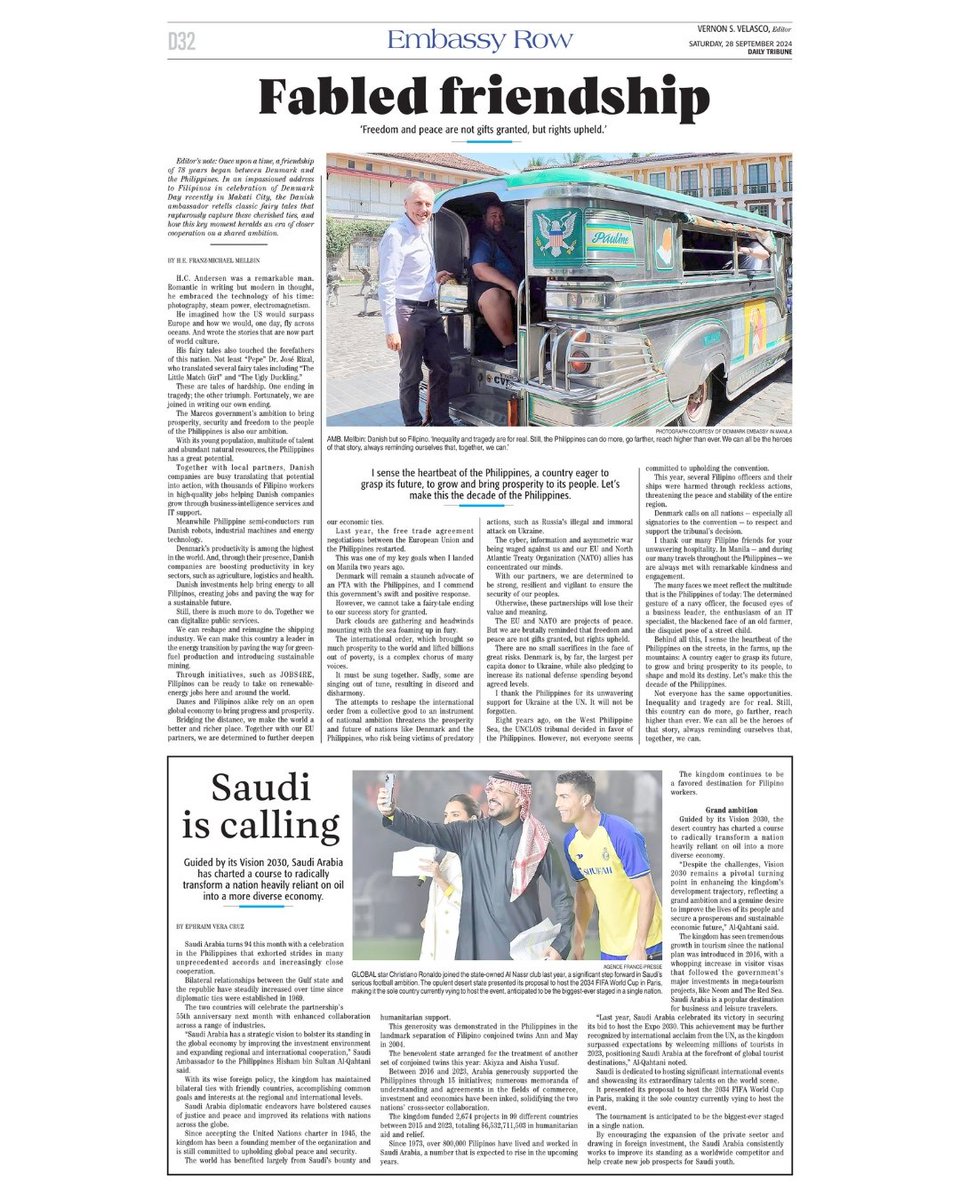 tribunephl's tweet image. Today&apos;s Embassy Row Stories:

Fabled friendship

Read more at: tribune.net.ph/2024/09/27/fab…

Saudi is calling

Read more at: tribune.net.ph/2024/09/27/sau… 

#DailyTribune #EmbassyRow