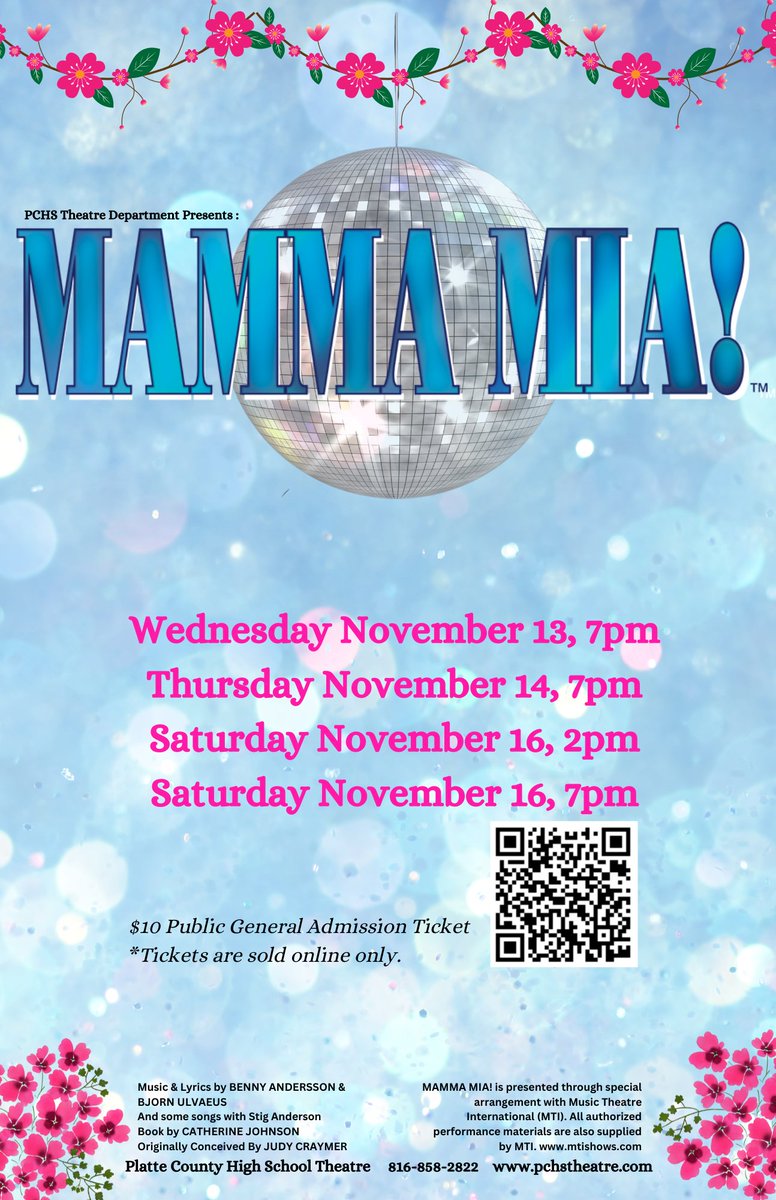 PCHS Theatre (@pchs_theatre) on Twitter photo Tickets are now on sale for the PCHS Fall Musical - MAMMA MIA! $10 tickets (sold online only).
Nov 13, Nov 14, Nov 16. 🪩🌸🎭pchstheatre.com/tickets.html <a href="/PCHSAthletics1/">PIRATE ACTIVITIES</a> <a href="/PCHSHalls/">PCHS Halls</a> <a href="/PCHSprincipals/">PCHS Administration</a> <a href="/PlatteCountyR3/">PlatteCountyPirates</a> Tickets are now on sale for the PCHS Fall Musical - MAMMA MIA! $10 tickets (sold online only).
Nov 13, Nov 14, Nov 16. 🪩🌸🎭pchstheatre.com/tickets.html <a href="/PCHSAthletics1/">PIRATE ACTIVITIES</a> <a href="/PCHSHalls/">PCHS Halls</a> <a href="/PCHSprincipals/">PCHS Administration</a> <a href="/PlatteCountyR3/">PlatteCountyPirates</a>