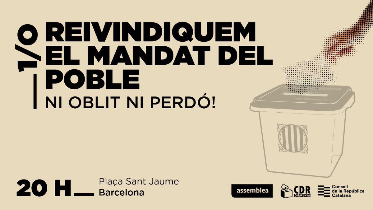 👊 No oblidem ni perdonem tota la repressió de l'estat. 
💪 Recordem i celebrem la dignitat amb què vam suportar la violència defensant les urnes.
Amb <a href="/assemblea/">Assemblea Nacional Catalana</a> i <a href="/ConsellRep/">Consell de la República Catalana</a>, aquest 1 d'octubre reivindiquem el mandat emanat del referèndum del 2017. 
🗣️ Que ens sentin!