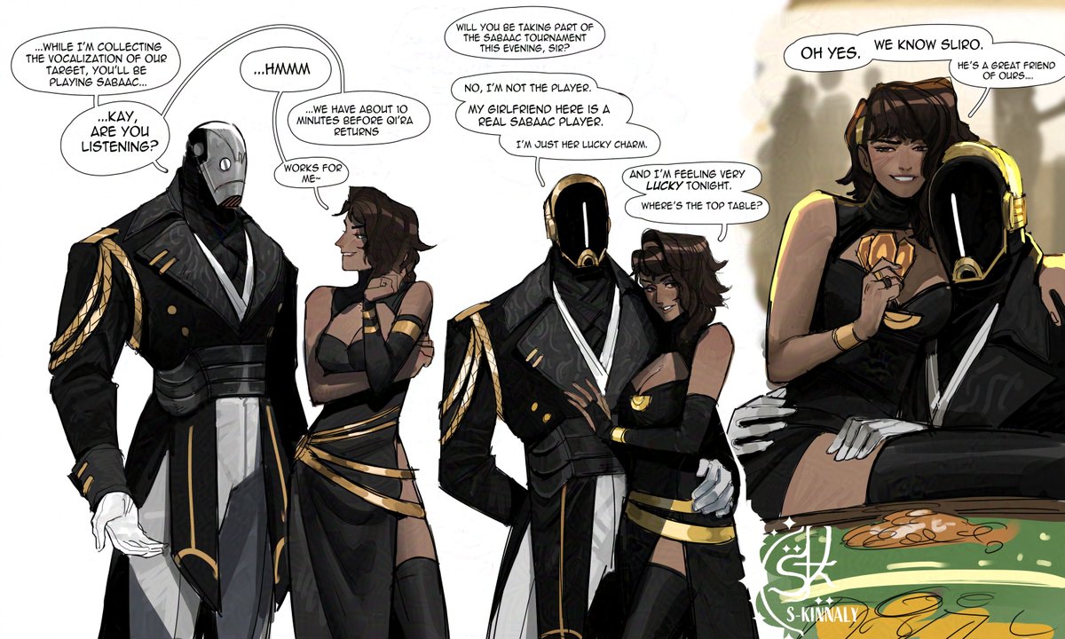 s_kinnaly's tweet image. With the upcoming DLC for #StarWarsOutlaws I'd imagine ND-5 and Kay dress nice to play fancy sabaac while trying to break into a rich guy's vault #KayD5