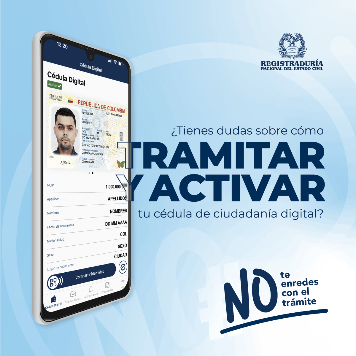 Registraduria's tweet photo. ¿Dudas sobre tu cédula de ciudadanía digital? 🆘 ¡Estamos para ayudarte! 

Consulta nuestra web o contáctanos en nuestras nuevas líneas de atención. Estamos disponibles de lunes a viernes, de 8:00 a. m. a 5:00 p. m. 

Y recuerda... #NoTeEnredesConElTrámite 📱✉️ https://t.co/fInXRgm2DU