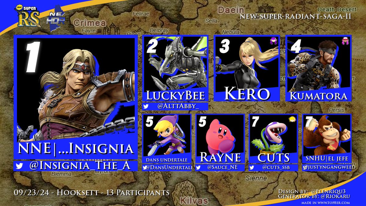 It was a horrible night for a curse! Congrats to <a href="/Insignia_The_A/">Insignia_The_Arrogant</a> and the rest of the top 8 of NSRS 11!

🥇 Insignia
🥈 <a href="/AlttAbby_/">A Bee</a> 
🥉 <a href="/KeroKartana/">𓆏</a> 
🏅 @kumatoraam 
🏅 <a href="/DansUndertale/">dans undertale</a> / <a href="/Sauce_NE/">TSS | Rayne (formerly Sauce)</a> 
🏅 <a href="/cuts_ssb/">🔅nelson🔅</a> / <a href="/justyngangweed/">el jefe</a>