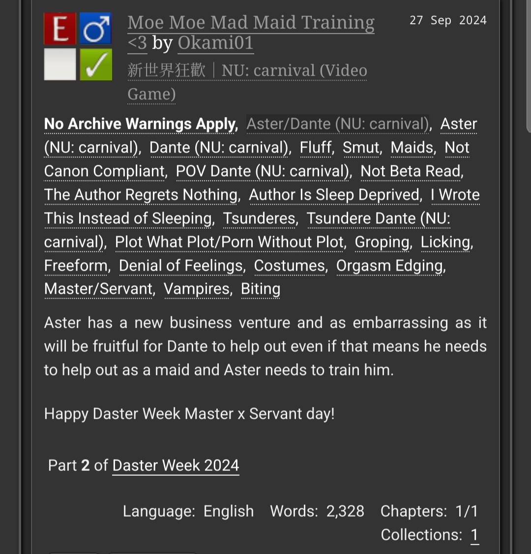 Tavitay's tweet image. For #DasterWeek24 Master x Servant day 
Some not canon complaint maid smut I wrote in the middle of the night when Dante's maid alt png dropped and I really wanted Aster to bully him a bit. 
☀️🩸💕🦇
archiveofourown.org/works/59256166
@NuCarniEvents #vampiresun #daster