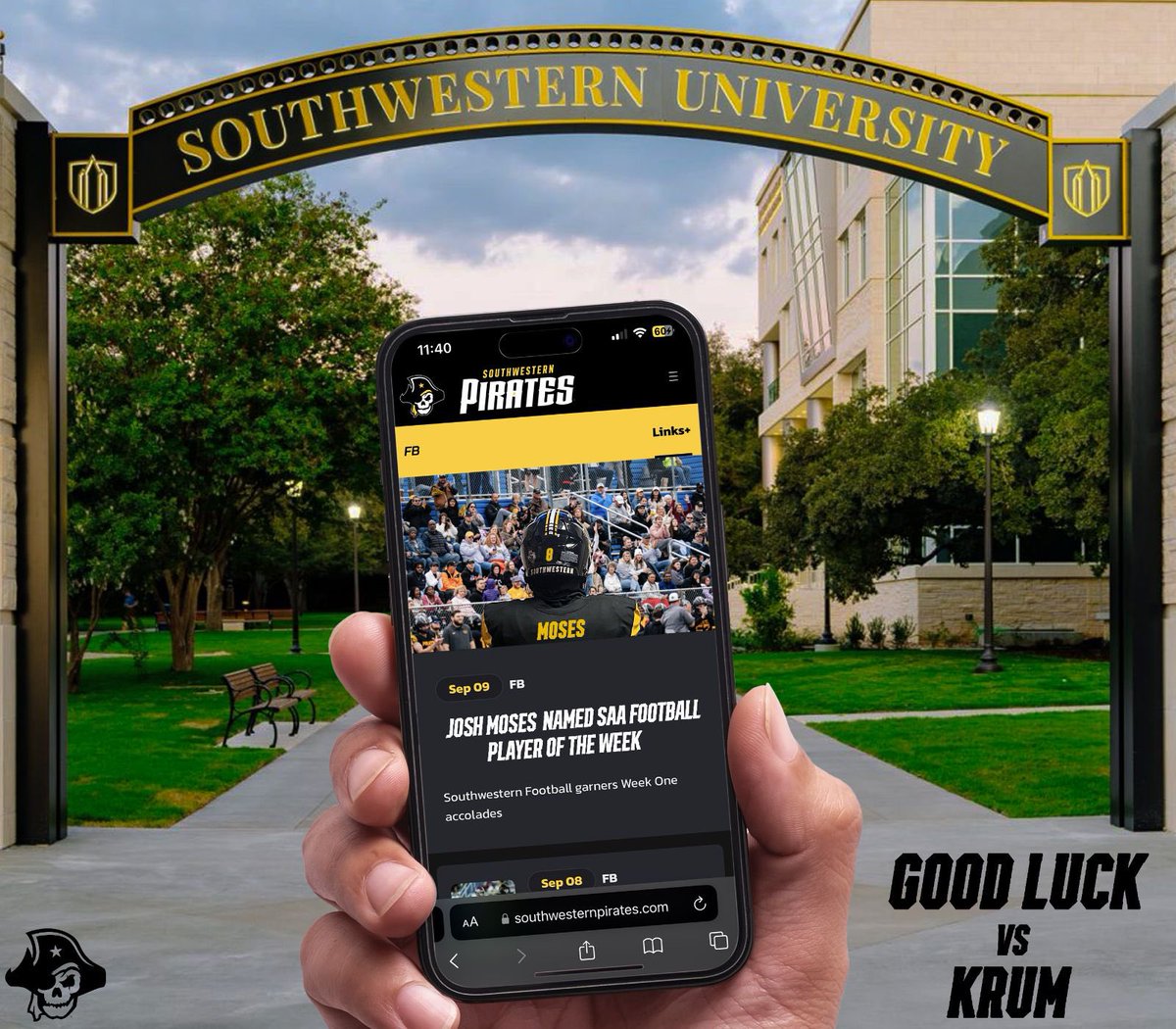 Thank you for the good luck!! <a href="/CoachSmithSUFB/">Coach Smith</a> <a href="/SUPiratesFB/">Southwestern FB</a> <a href="/KodiCrane/">Kodi Crane</a> <a href="/FoxUnleash/">Caddo Mills Fox Athletics</a>