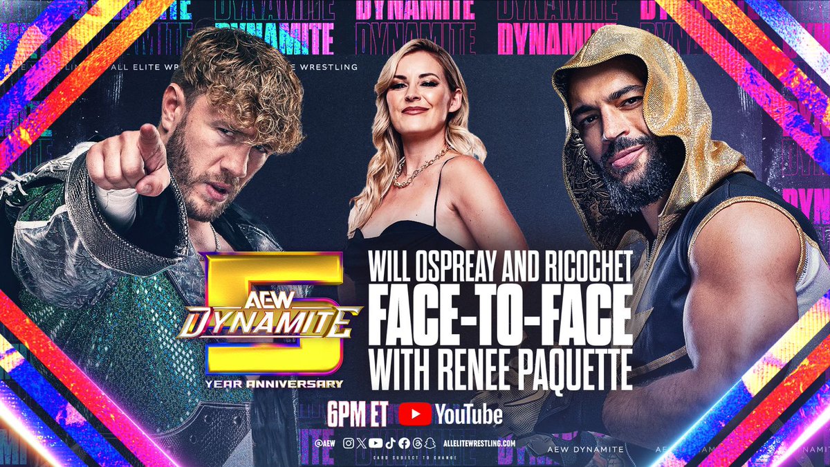 AEW's tweet photo. EXCLUSIVE INTERVIEW! @ReneePaquette sits down with @WillOspreay &amp; @KingRicochet, ahead of their highly anticipated rematch at #AEWDynamite's 5th Anniversary THIS WEDNESDAY, LIVE from Pittsburgh at 8/7c on TBS!
Watch on #AEW's YouTube channel at 6pm ET!
▶️ https://t.co/F4JC9O1RLI https://t.co/aepUm2dWuE