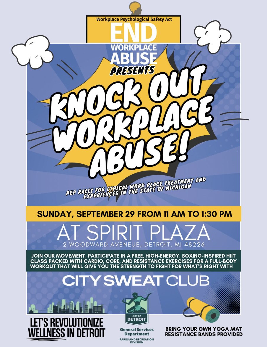 endworkabusenow's tweet photo. Let's Knock Out Workplace Abuse — in Michigan!
This Sunday, September 29
11am-1:30pm
Spirit of Detroit Plaza

Featuring:
Actor + activist @hillharper 
Poet Claretha Peace Bell
Legislators + media
Boxing-inspired HIITT class. Signup: https://t.co/X0lDgM9krM https://t.co/u4jLc2tU60