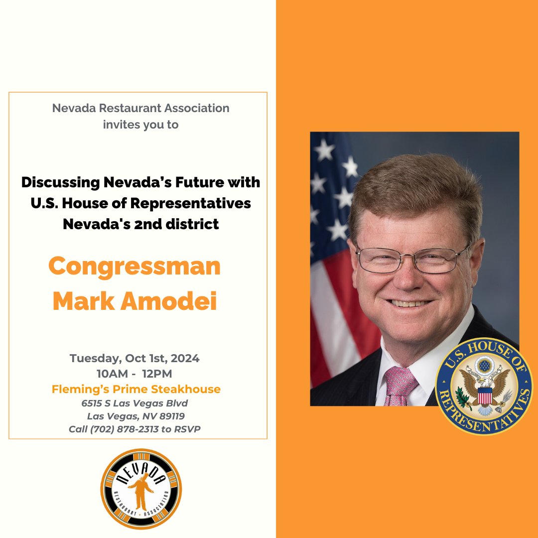 nvrestaurants's tweet photo. Don't miss a candid conversation with @MarkAmodeiNV2 about the future of Nevada and its restaurant industry. 
🗓️ Tues, Oct 1 | 10AM-12PM 
📍Fleming’s Prime Steakhouse https://t.co/i91KaBukHN