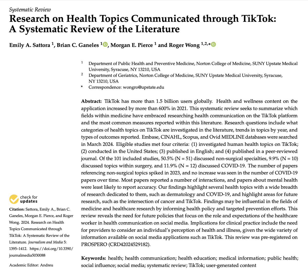 RogerWongPhD's tweet photo. A team of 3 @UpstateDPHPM #MPH / #MD students conducted a study to examine content and trends in #TikTok health research, as their final project in my spring 2024 Systematic Reviews course. Full text of their publication is available free: https://t.co/qBKpaW57yw https://t.co/hy97j5mTBy