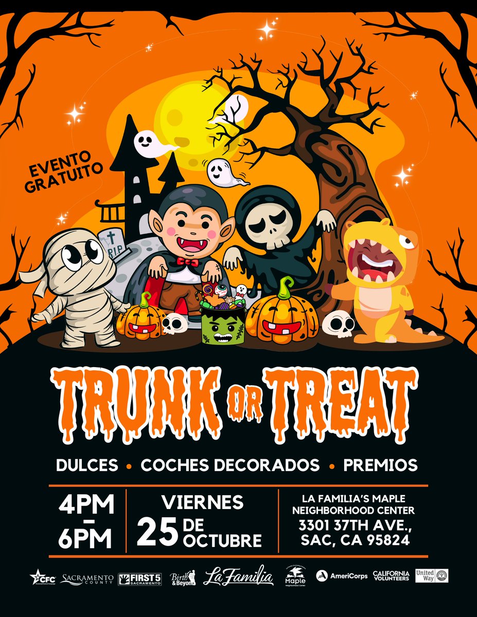 It's that time again.... Join us Friday, Oct 25th from 4-6pm for our Annual Trunk or Treat @ our Maple Neighborhood Center. Free event for youth &amp; their families. There will be candy &amp; treats, decorated trunks, and prizes! Dress up in your favorite costume &amp; join us for some fun!