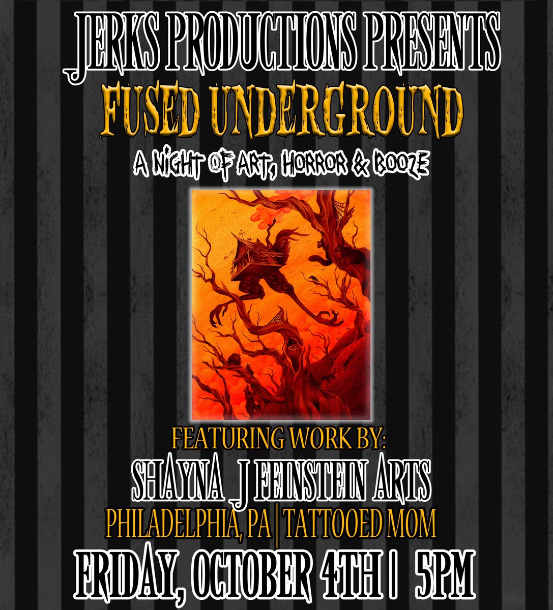 See the works of Shayna J Feinstein Arts &amp; more at #FusedUnderground Friday, October 4th!
See more here: IG @shaynajfeinstein
5pm. FREE.
#JERKSProductions #SupportLocal #SupportLocalArt #TMoms #TattooedMoms