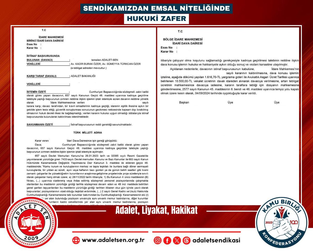 Adalet Sen olarak, üyelerimizin haklarını savunmak için yürüttüğümüz kararlı mücadelenin sonucunda önemli bir hukuk zaferi daha elde ettik. İstinaf Dairesi, sözleşmeli zabıt katibi olarak görev yapan bir üyemizin, 657 sayılı Kanunun Geçici 48. maddesi uyarınca kadroya geçirilme