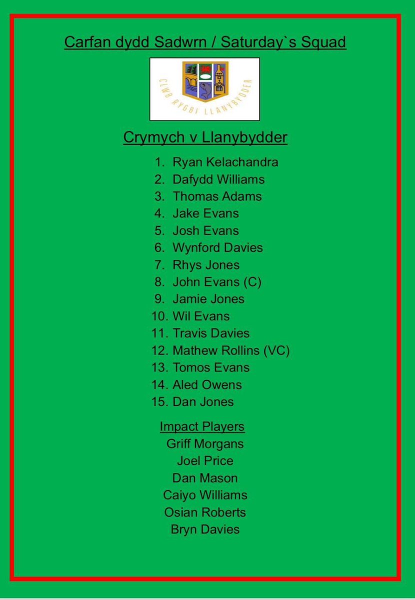 Llanybydder Rfc (@llanybydderrfc) on Twitter photo Dewch I gefnogi y tรฎm yfory yn erbyn Teirw @
๐ I ddachre am 2:30y.h
Come and support the team tomorrow against <a href="/RygbiCrymych/">Clwb Rygbi Crymych</a> Bulls
๐ 2:30pm kick off
๐Yn gadel y clwb 12pm
๐ Will be leaving the clubhouse at 12pm Dewch I gefnogi y tรฎm yfory yn erbyn Teirw @
๐ I ddachre am 2:30y.h
Come and support the team tomorrow against <a href="/RygbiCrymych/">Clwb Rygbi Crymych</a> Bulls
๐ 2:30pm kick off
๐Yn gadel y clwb 12pm
๐ Will be leaving the clubhouse at 12pm