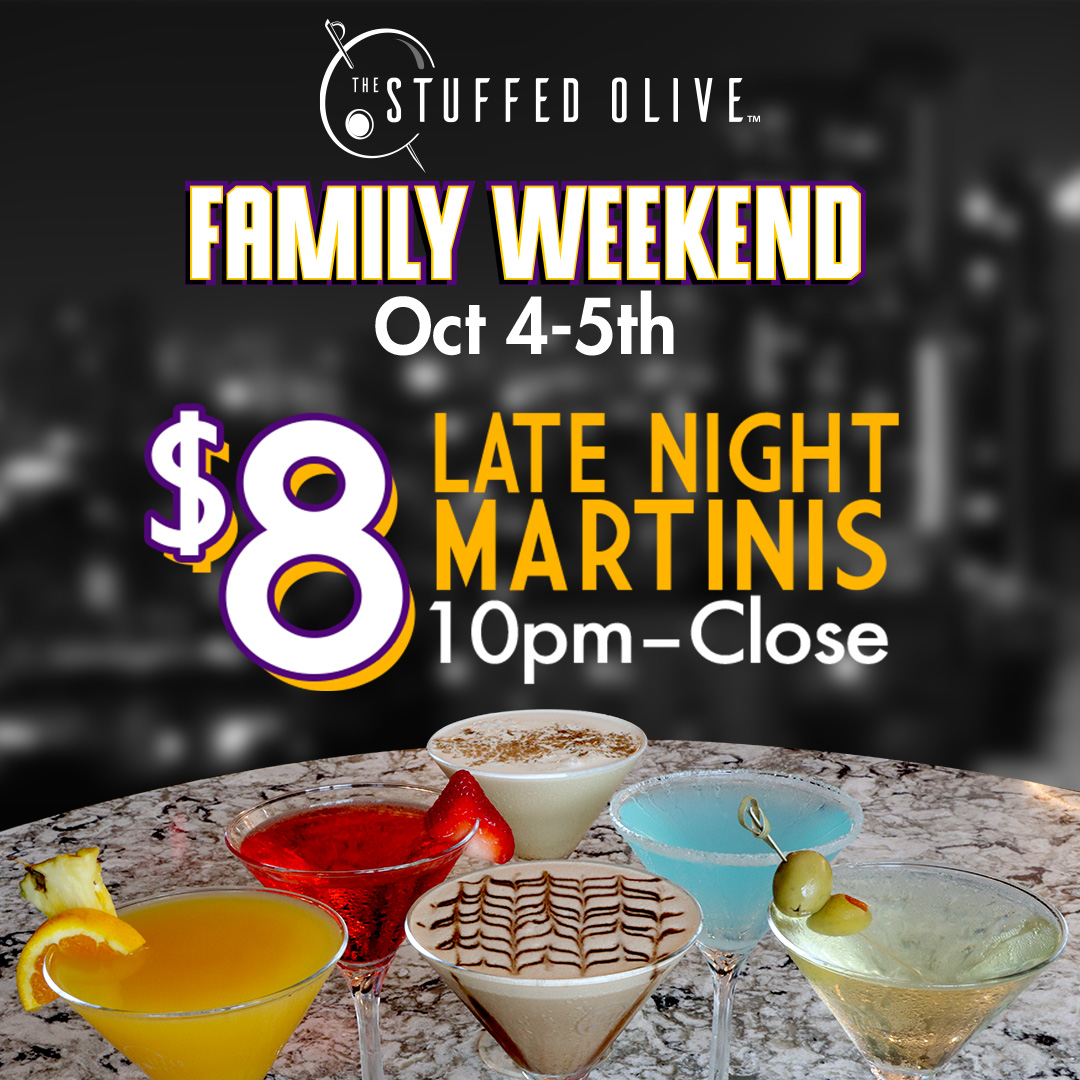 Family Weekend Oct 4 &amp; 5 at The Stuffed Olive!🍸
Try our diverse menu, mocktails and $8 Martinis 10pm-Close.
☀️ Relax on our patio and reflect with your friends and family.

#thestuffedolivecf #cedarfalls #cedarfallsiowa #downtowncedarfalls #mainstreetcedarfalls #iowa