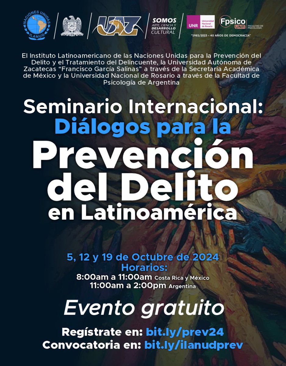 Invitamos a participar en el seminario Internacional:  Diálogos para la Prevención del Delito. Regístrate en bit.ly/prev24 y consulta la convocatoria en: bit.ly/ilanudprev. Se entregarán certificados.