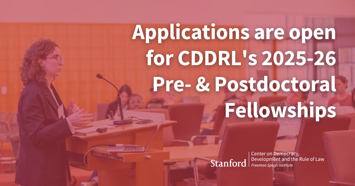 #FELLOWSHIPS: CDDRL welcomes applications from pre-doctoral students at the write-up stage &amp; postdoctoral scholars working in any of the 4️⃣ program areas of democracy, development, evaluating the efficacy of democracy promotion &amp; rule of law.

APPLY NOW ➡️ ow.ly/c8eW50Txyh0