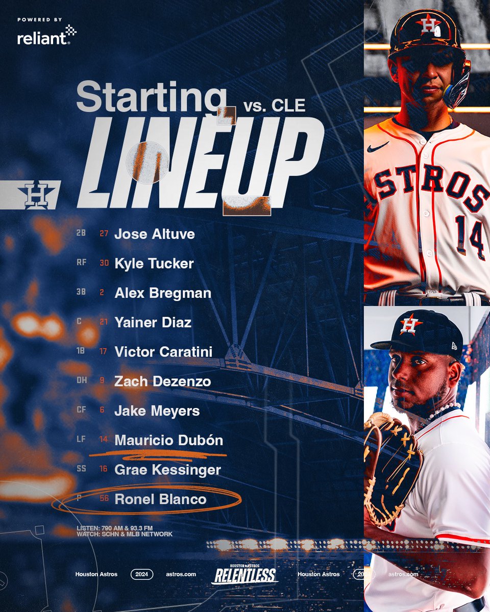 astros's tweet photo. 📍: CLE

⚾️: 6:10pm CST
📺: @SpaceCityHN | @MLBNetwork 
🎙️: @SportsTalk790 | Spanish: 93.3 FM

#Relentless x @reliantenergy https://t.co/tH9KW2eEDO
