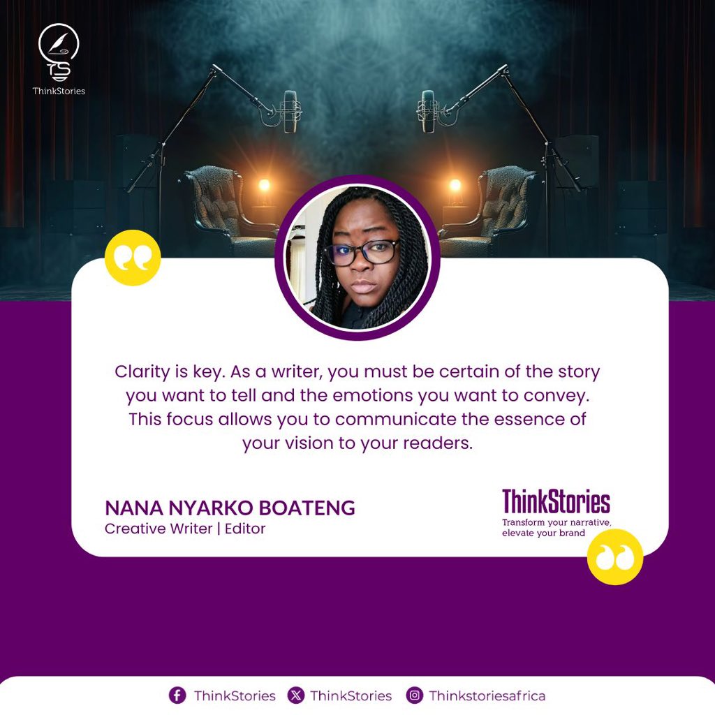 Thinkstories_'s tweet photo. During our #ThinkStories storytelling hangout today, Nana Nyarko Boateng emphasized the power of clarity in storytelling. 

#Communications #Storytelling https://t.co/3ujuNDTdvP