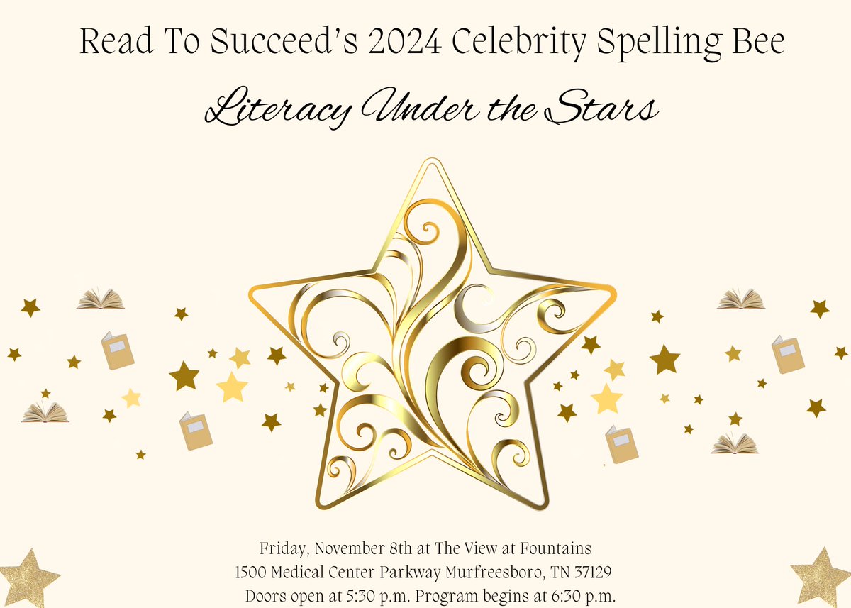 Our Celebrity Bee will be held on 11/8 at The View at Fountains. We invite you to come out and be a part of the fun as community leaders spell their hearts out for literacy. Tickets will be available soon. 

Our goal is to raise $60,000. Will you help us? readtosucceed.org/#donate