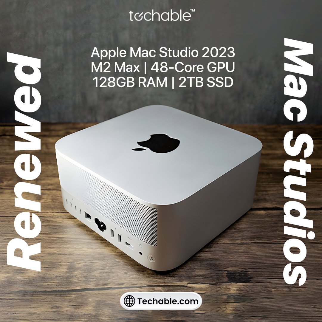 TechableSays's tweet photo. 🚀 Unleash Power with the Renewed 2023 Mac Studio! 🚀

Featuring the M2 Max chip, a 48-core GPU, 128GB RAM, and a lightning-fast 2TB SSD, this Mac Studio is built for ultimate performance.

Visit https://t.co/uYRKitLYIg now and grab yours before it’s gone!

#MacStudio #Techable https://t.co/rfDw0VUcqk