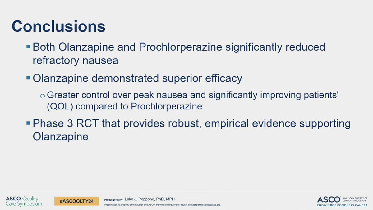 Dr <a href="/LPeppone/">The Peppone Lab</a> presents on a RCT at #ASCOQLTY24 on QOL improvements with optimal nausea control with olanzapine. This is level one evidence to support the use of this cheap, effective medication for refractory chemo induced nausea.