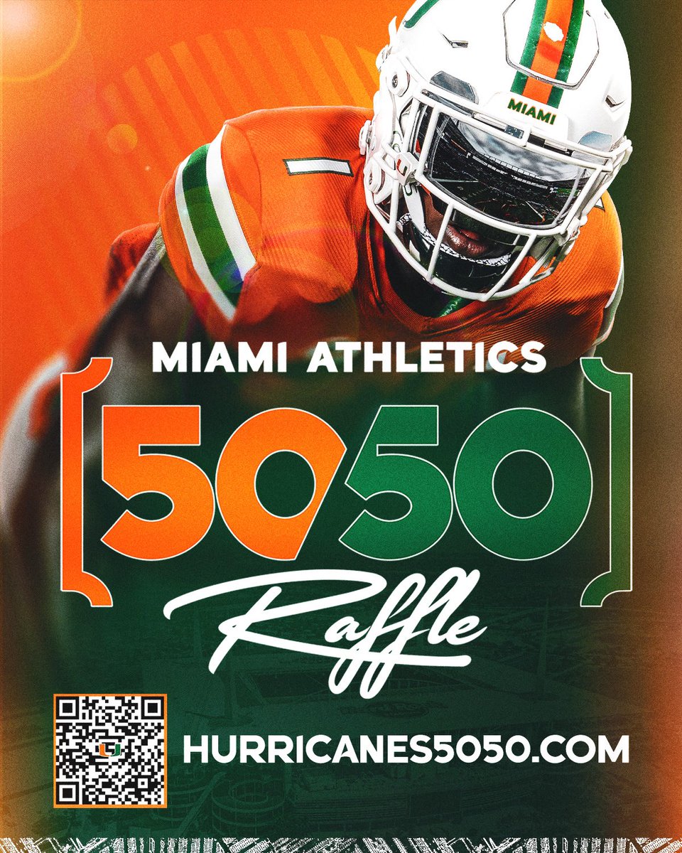 Join the <a href="/MiamiHurricanes/">Miami Hurricanes</a> 50/50 Raffle to support UM student-athletes and a chance to take home this week’s jackpot!!

Double tickets are available from NOW until <a href="/CanesFootball/">Miami Hurricanes Football</a> kicks off against Virginia Tech!

🎟️: hurricanes5050.com