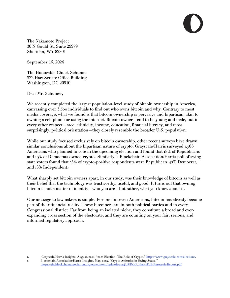 NakamotoProjct's tweet image. This week, The Nakamoto Project proudly shared a physical copy of our inaugural study on bitcoin ownership with every sitting member of the 118th congress.