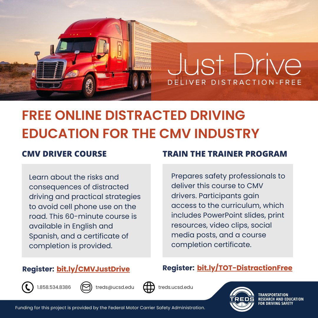 TREDS is pleased to announce the Just Drive: Deliver Distraction-Free program includes 2 new online offerings: a CMV driver course and a Train-the-Trainer for safety professionals. 
🔗 CMV driver course: bit.ly/CMVJustDrive
 🔗Train-the-Trainer course: bit.ly/TOT-Distractio…