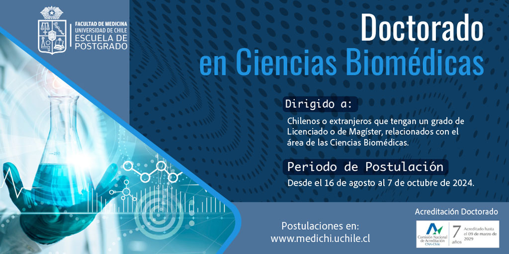 Medichi U.Chile (@medichiuchile) on Twitter photo 📢Postulaciones Extendidas -Doctorado 2025
Prepárate para hacer la diferencia y postula al Doctorado en Ciencias Biomédicas de la Facultad de Medicina de la Universidad de Chile.
Más información en tinyurl.com/2kw5kuxv
<a href="/ICBM_UChile/">ICBM</a> <a href="/colmedchile/">Colegio Médico de Chile - Colmed Chile</a> <a href="/MgzChile/">MGZ Chile</a> <a href="/ColegioQFyBQ/">Colegio QF y BQ</a> 📢Postulaciones Extendidas -Doctorado 2025
Prepárate para hacer la diferencia y postula al Doctorado en Ciencias Biomédicas de la Facultad de Medicina de la Universidad de Chile.
Más información en tinyurl.com/2kw5kuxv
<a href="/ICBM_UChile/">ICBM</a> <a href="/colmedchile/">Colegio Médico de Chile - Colmed Chile</a> <a href="/MgzChile/">MGZ Chile</a> <a href="/ColegioQFyBQ/">Colegio QF y BQ</a>