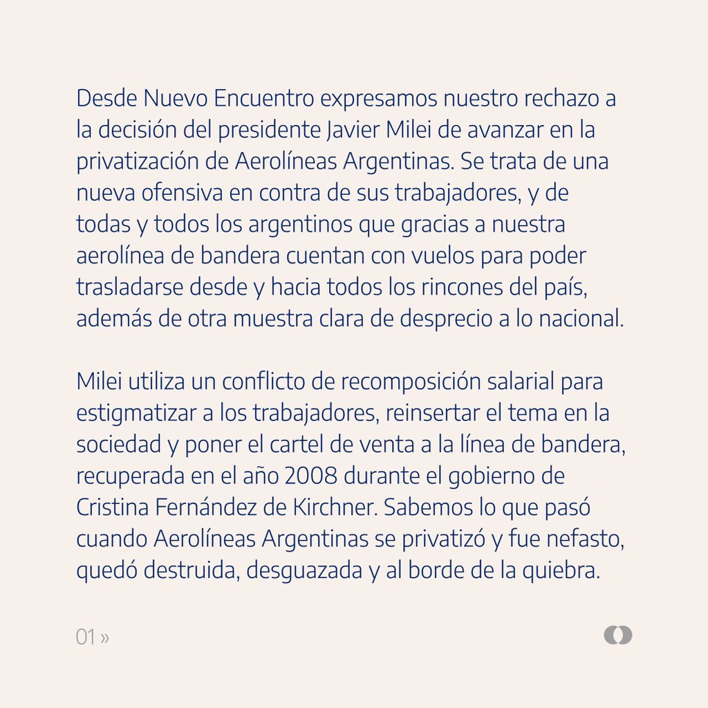 NuevoEncuentro_'s tweet photo. ✈️ AEROLÍNEAS ARGENTINAS NO SE VENDE, SE DEFIENDE 

>> Comunicado de la Mesa Nacional de Nuevo Encuentro https://t.co/mFtNwlTxJT
