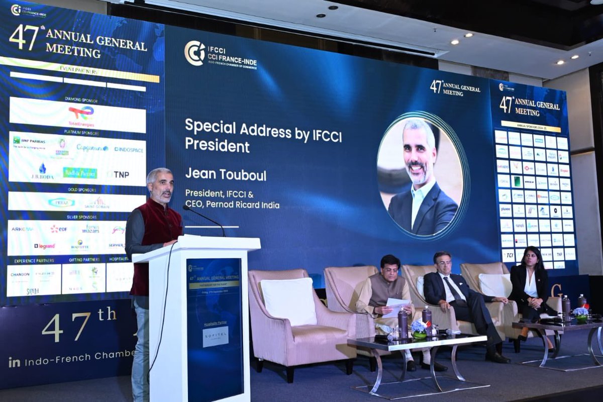 IFCCI1's tweet photo. Mr. Jean Touboul, President of IFCCI &amp; CEO of @Pernod_Ricard India, set the stage at the 47th AGM &amp; emphasized IFCCI’s key focus areas and ongoing efforts to further strengthen France-India relations. Exciting times ahead for collaboration! #IFCCIAGM2024 #FranceIndia #ifcci https://t.co/9Dlys5L5CP