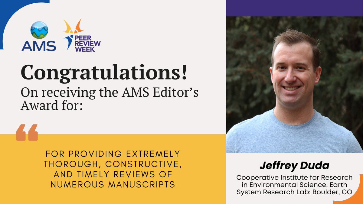 AMSPublications's tweet photo. Many thanks to AMS Editor’s Award recipient Jeffrey Duda for numerous insightful and thorough reviews⭐
https://t.co/GgK32ynrch
#WeaForecasting #MonWeaRev #PeerReviewWeek @PeerRevWeek https://t.co/29UJowTr0g