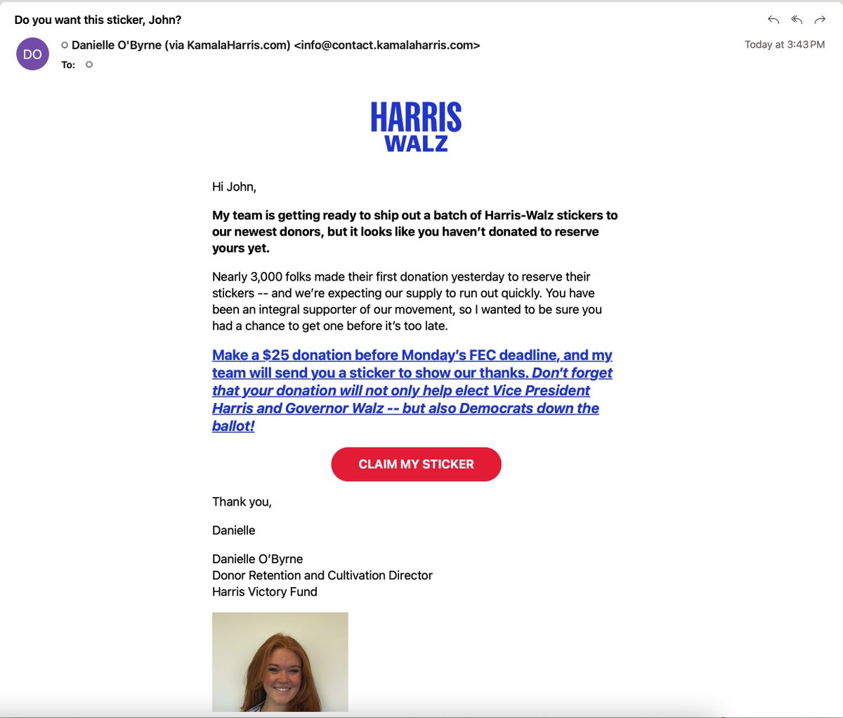 John_B_Lewis's tweet photo. This is my favorite fundraising email of the year.  Way to go @danielleobyrne7 !!! https://t.co/zyXShyoQwU