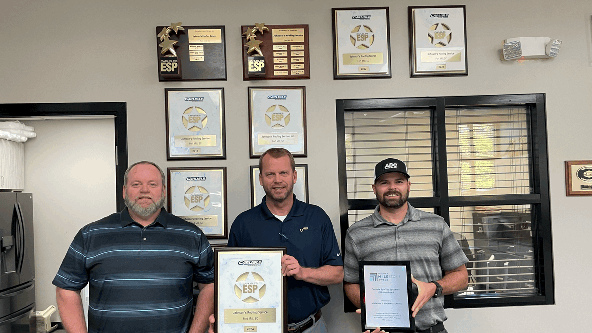 PremierBuildPrd's tweet photo. Congratulations to Drew Brashear and the Johnsons Roofing Service team on their twenty-third consecutive Carlisle SynTec Systems ESP Award and the M1LESTONE Award recognizing one square mile of warranted square feet. We appreciate your commitment to excellence! #RoofingExcellence https://t.co/HtaFjCSdt7