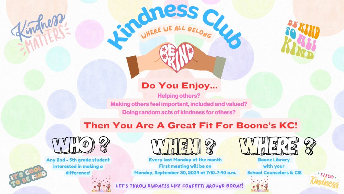 MrsJames (@mrsjames_f117) on Twitter photo Do you enjoy helping others? making others feel important and included? and doing random acts of kindness for others? Then you are a great fit for Boone's KC! Join us for our first meeting on Monday, Sept. 30, 2024!
#kindnessmatters <a href="/NISDBOONE/">Murray E. Boone</a> <a href="/mrsganev/">Alyssa Ganev</a> <a href="/NISDCounseling/">NISD Counseling</a> Do you enjoy helping others? making others feel important and included? and doing random acts of kindness for others? Then you are a great fit for Boone's KC! Join us for our first meeting on Monday, Sept. 30, 2024!
#kindnessmatters <a href="/NISDBOONE/">Murray E. Boone</a> <a href="/mrsganev/">Alyssa Ganev</a> <a href="/NISDCounseling/">NISD Counseling</a>