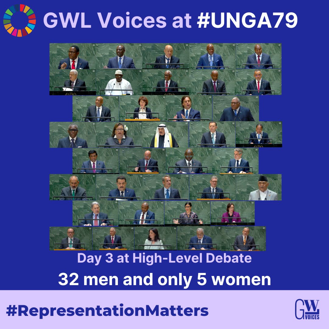 On day three of #UNGA79, only 5 women spoke while 32 men took the stage. Representation matters! It's time for #MadamSecretaryGeneral and #Rotation4Equality to create a more inclusive and equitable system.