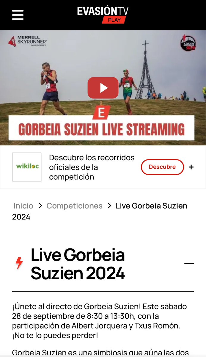 Todo a punto para el live de <a href="/gorbeiasuzien/">gorbeiasuzien</a> con Manu Merillas, <a href="/Antonio_runner/">Antonio Martínez Pérez</a>, Luca Del Pero, <a href="/JuliaFont/">Júlia Font Gómez</a>, Noemie Vachon, Onditz Iturbe… Arrancamos el sábado a las 8,30 aquí 👇
evasiontv.es/es/competicion…