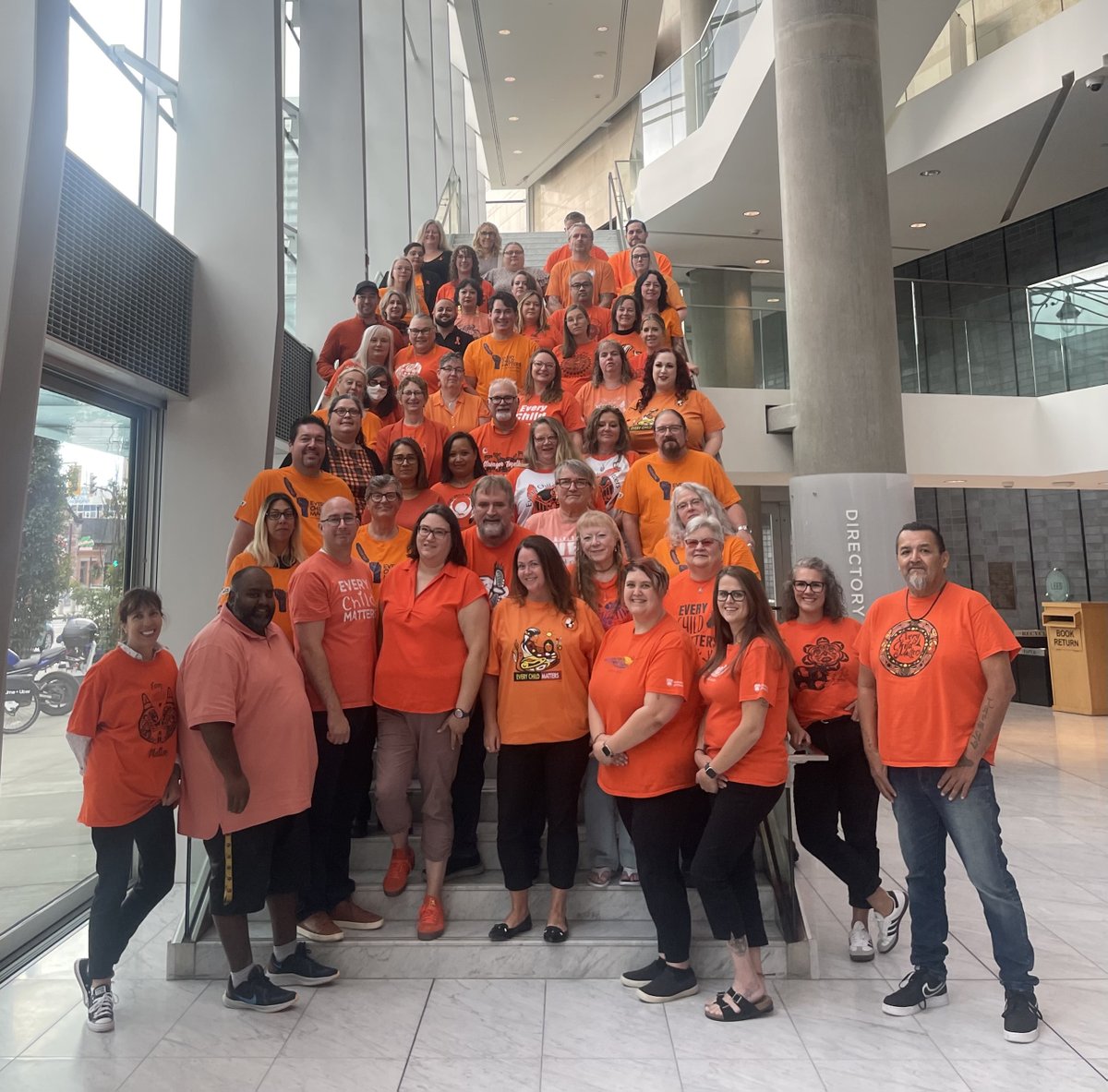 Today we wear orange to honour Indigenous children lost to residential schools, survivors, families &amp; communities where the pain is still felt. This photo is a symbol of our union's solidarity and commitment to reconciliation with Indigenous peoples. #NDTR #OrangeShirtDay🧡