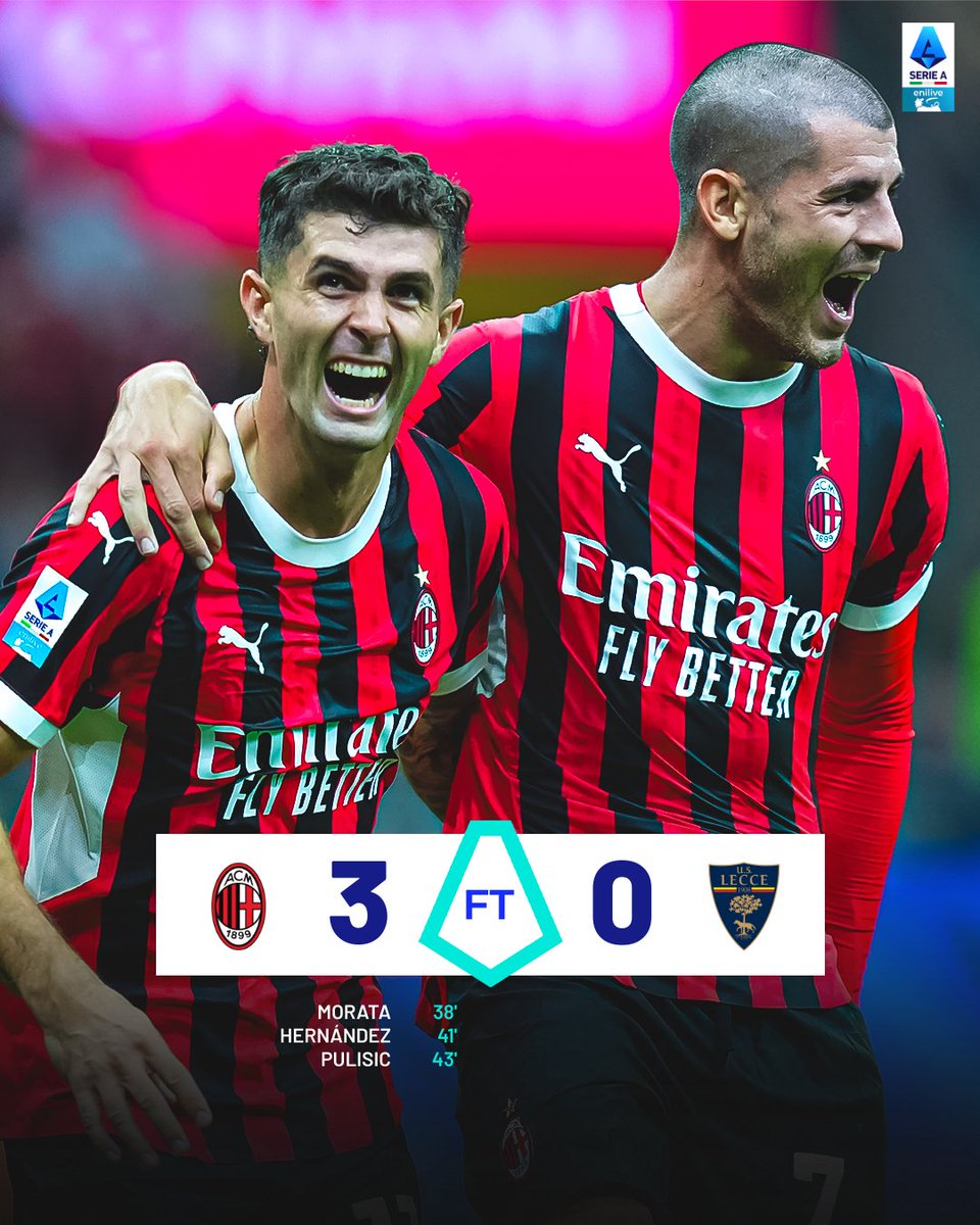 SerieA's tweet photo. I tre gol del primo tempo regalano la vittoria al @acmilan!!! ✅🔥 

#MilanLecce https://t.co/NM4Slr6O8C