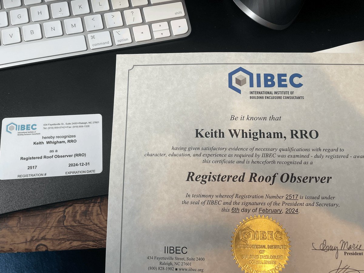 PremierBuildPrd's tweet photo. Congratulations to Keith Whigham, RRO, on earning the Registered Roof Observer (RRO) credential from IIBEC! An RRO shows expertise in roof observation for all systems: built-up, single-ply, asphalt shingle, wood, foam, tile, metal, and slate.  
#RoofingExcellence https://t.co/j7iyBT2nmz