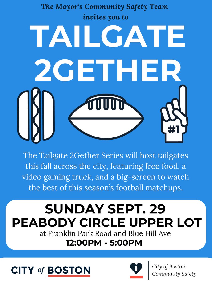 Come tailgate with <a href="/MayorWu/">Mayor Michelle Wu 吳弭</a>’s Community Safety Team and The Everybody Gotta Eat Team this Sunday from 12pm to 5pm at <a href="/BostonParksDept/">Boston Parks and Recreation Department</a> Franklin Park. Special thank you to the <a href="/bostonpolice/">Boston Police Dept.</a> for the support!