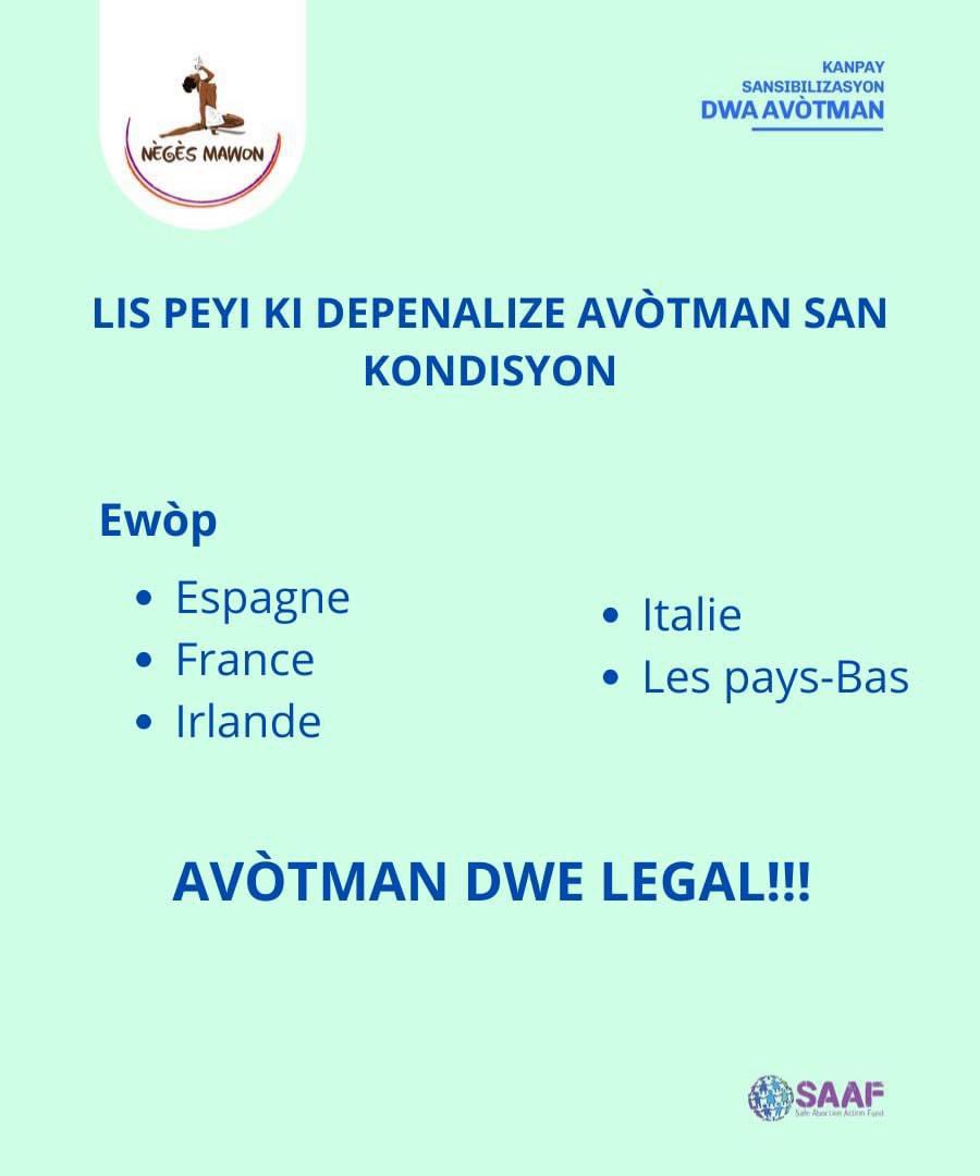 Neges_Mawon's tweet photo. KANPAY SANSIBILIZASYON POU DWA AVÒTMAN
LIS PEYI KI DEPENALIZE AVÒTMAN SAN KONDISYON NAN KONTINAN EWÒP LA
AVÒTMAN DWE LEGAL!!!
#kòm #AvòtmandweLegal #chwam #kanpaysansibilizasyondwaAVÒTMAN #prochoice #prochoix #Abortion #dwafanm https://t.co/CgGj9lvCIH