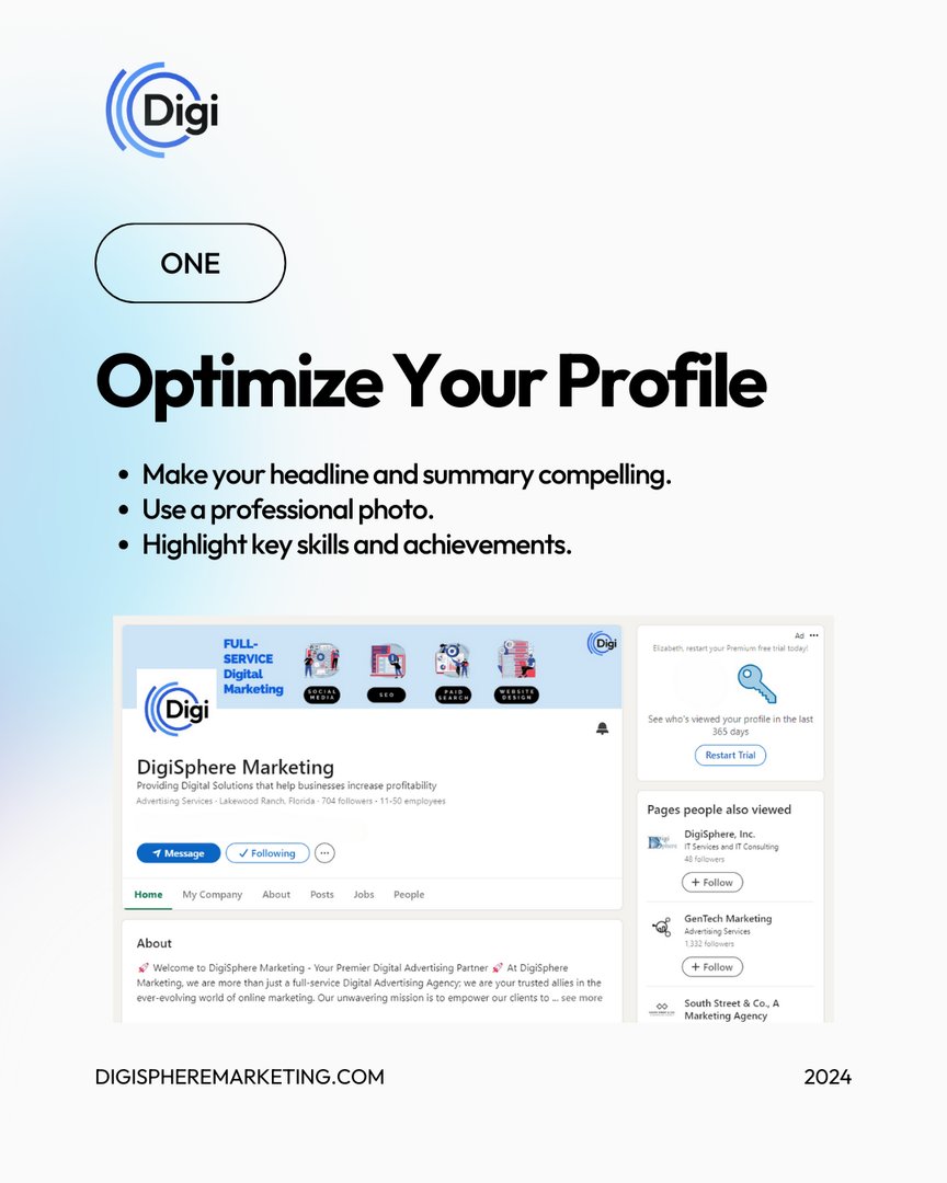 digispheremkt's tweet image. Elevate your LinkedIn presence! 🚀 Boost engagement by:
1. Optimize Your Profile
2. Share Valuable Content
3. Use LinkedIn Analytics
Stay active and engage with your network.
Let’s turn those connections into opportunities! 🌟
#LinkedInTips #ProfileOptimization