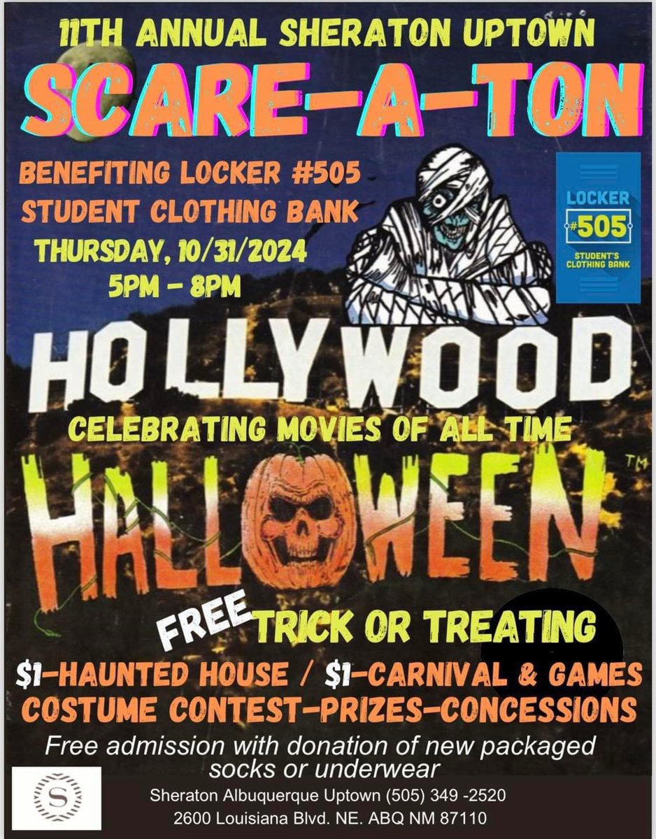 Big985NM's tweet photo. Locker 505 presents the Student Clothing Bank "Scare-A-Ton!" October 31st at The Sheraton Uptown! With a Haunted House, games, prizes, costume contest, and more!
Tickets and more info here: https://t.co/2sYwH6XGkH https://t.co/CB2RsuFl2x