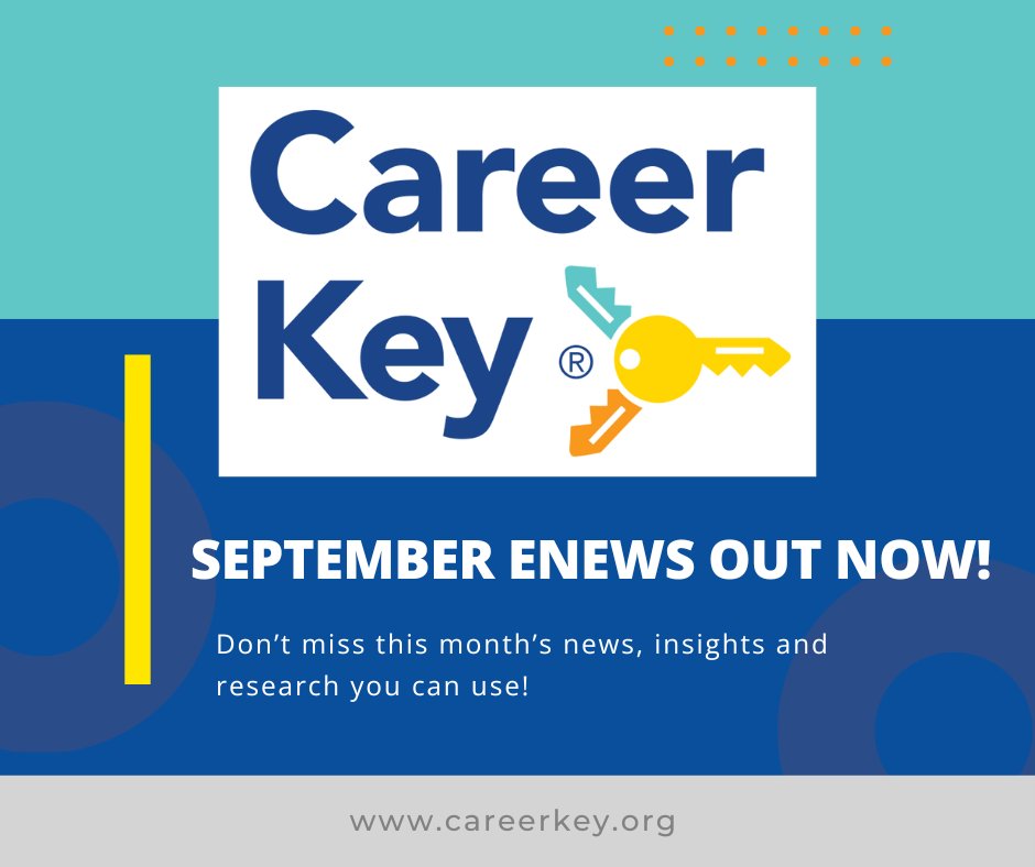 TheCareerKey's tweet photo. #CareerKey's September eNews is out now!  Career Key now available through #Follett campus solutions, #NCDA training update, plus more! Read it here, https://t.co/MbCpdul4Ep  #professionaldevelopment https://t.co/kBL636CftO