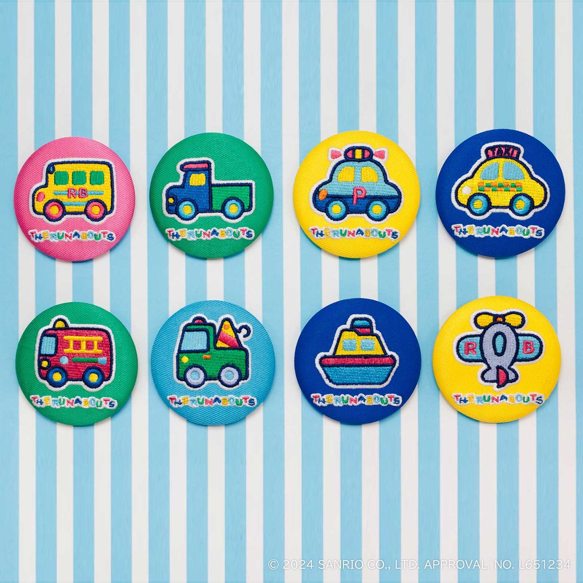 カラフルで楽しい乗りものたち「ザ ラナバウツ」が刺繍缶バッジ（全8種