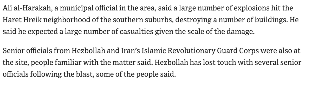 Faytuks's tweet photo. Senior officials from Hezbollah and Iran’s Revolutionary Guard Corps were at the site attacked in Beirut, people familiar with the matter say - WSJ 

Hezbollah has lost touch with several senior officials following the attack, some of the people say

https://t.co/K9irGKkR7B https://t.co/aYZm8ggNPC